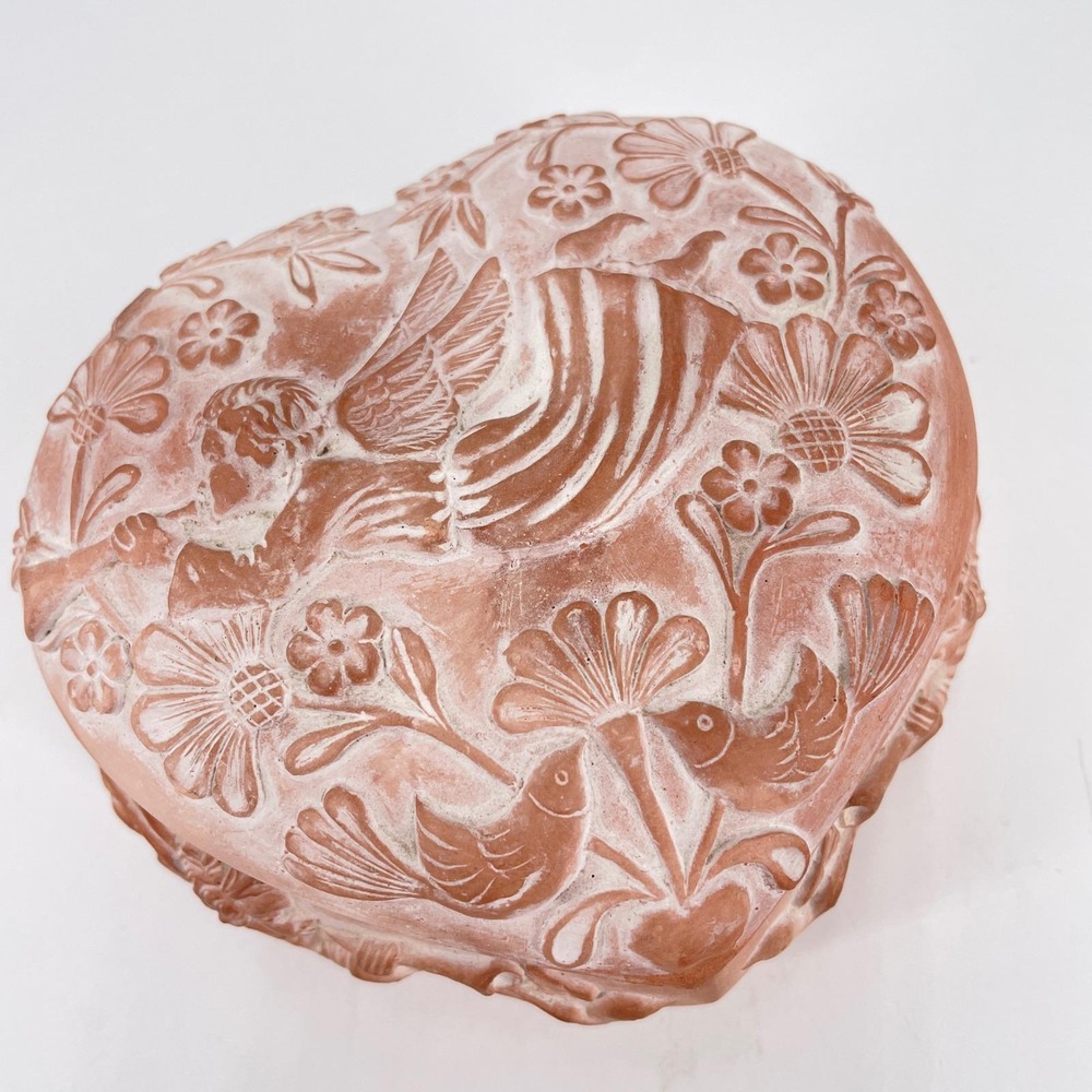 Vintage Terracotta Heart Trinket Box Embossed Angel Bird Floral Lidded Korea - Picture 4 of 11